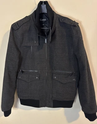 Guess Wool Blend Military Jacket Utility Black & Gray Plaid Men’s Size XL - Image 1 of 4
