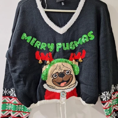 Nuevo Feliz PUGMAS Navidad Suéter Juniors XL Feo Lindo Recortado Perro Amantes Campanas Foto 1 de 4