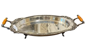 Vintage 1940er-60 Säcke 24x12 versilbert Serviertablett verzierte Fuß Bakelit Griffe - Bild 1 von 24