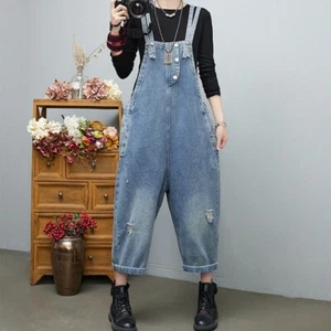 Women Denim Strap Tapered Pants Overalls Suspender Trousers Loose Jeans Bloomers - Picture 1 of 14