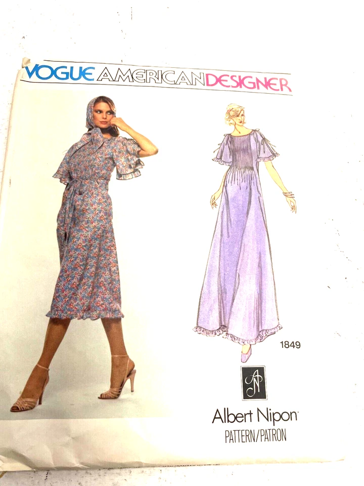 1970's VOGUE Misses 'Vestido Y Bufanda Albert Nipon Patrón 1849 Talla 8 Completo - Imagen 1 de 2