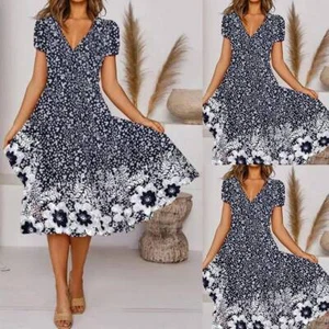 Womens Floral Boho Summer Midi Dress Ladies Short Sleeve V Neck Beach Sundress - Picture 1 of 15