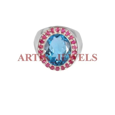 Natural Blue Topaz & Ruby Gemstone with 925 Sterling Silver Ring for Men's #2714 - Image 1 of 4