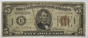 1934 USA Hawaii Issue $5 Star Note. F Condition Stains/tear. MB-065 - Picture 1 of 7