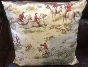 Fox Hunt Hunting Throw Pillow Tan Green - Picture 1 of 5