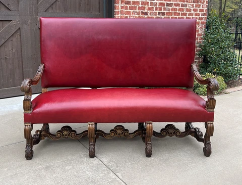 Antique Sofa Bench Settee Loveseat Ox Blood Red Upholstery Oak Rustic Farmhouse Cover