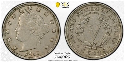 1910 5C V Liberty Head Nickel PCGS XF45 Cert#51290183 Gnumismatist - Image 1 of 4