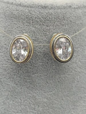 GORGEOUS Faceted Clear Quartz Crystal Silver Cable Gold Oval Clip On Earrings - Image 1 of 4