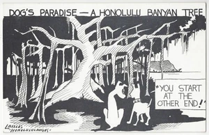 Honolulu, Hawaii - Cómic Ilustrado - Perros Emocionados de Orinar en el Árbol Banyan - Imagen 1 de 2