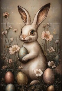 EASTER EGG RABBIT ART PRINT, Bunny Cottagecore Poster, Animal Decor Holiday F277 - Picture 1 of 3