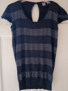 Womens Tu Charcoal Grey/Silver Stripe Cap Sleeve Keyhole Back Knit Jumper Size14 - Picture 1 of 10