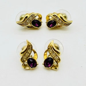 Vintage Avon Faux Amythyst PiercedEarrings 2 Pair Gold Tone Posts .75" - Picture 1 of 5
