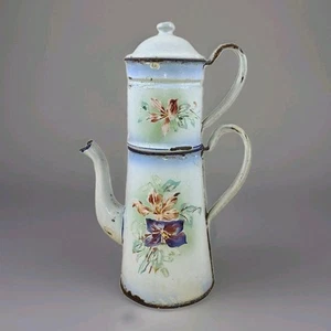 Vintage French Enamelware Japy Coffee Pot Cafetiere enamel Pansies floral - Picture 1 of 11
