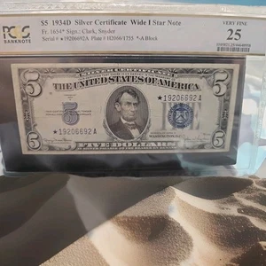 1934D $5 Silver Certificate * Star Note – Wide I – Very Fine 25 RCG Certified –  - Picture 1 of 10