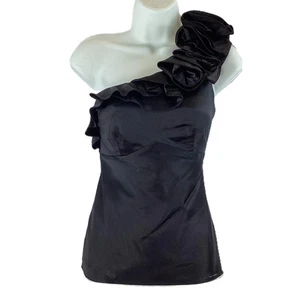 Karen Millen Black Silk One Shoulder Ruffled Rosette Top UK 12 - Picture 1 of 10