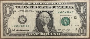 BINARY SIX-OF-A-KIND ($1) ONE DOLLAR BILL - SERIAL L44434344 - $29.99 START BID - Picture 1 of 2