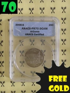 2008-S Arizona State Quarter PERFECT ANACS PR70 Deep Cameo with FREE GOLDBACK* - Picture 1 of 4