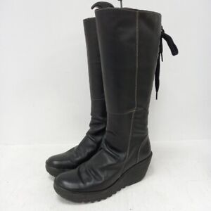 Fly London Black Wedge Boots UK 8 Knee High Leather RMF07-SM