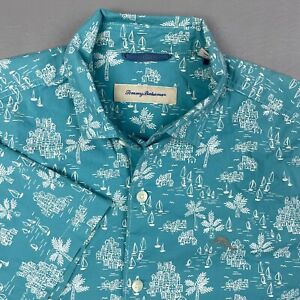 Tommy Bahama Short Sleeve Button Front Cotton Camp Shirt Blue Print Men's Medium
