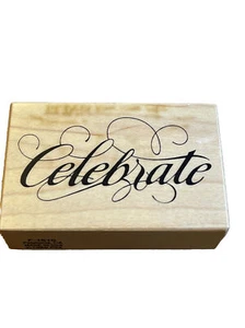 Vintage NOS 1995 PSX Wood Block Rubber Stamp CELEBRATE 2.75”x 1.75” Crafting - Picture 1 of 4