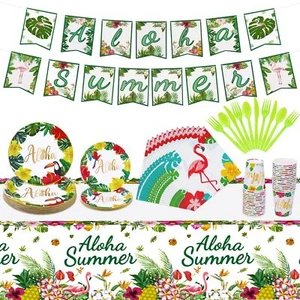Hawaiian Luau Party Decorations Set Disposable Paper Plates Cups Napkins Tabl... - Picture 1 of 7