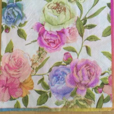 PAPER NAPKINS/ SERVIETTES PK20 ROSES PINK PURPLE BLUE & LIGHT GREEN 2PLY - image 1 of 2