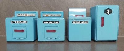 Conjunto vintage Barrett & Sons x 4 estanho azul claro cozinha casa de bonecas móveis metal - Imagem 1 de 4