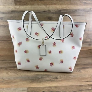 COACH Tote Bag Beige Leather Chalk Multi Poppy Floral City - Picture 1 of 6