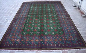 Green Afghan Tribal Bokhara Area Rug 7x10 ft Hand Knotted Geometric Wool Carpet - Picture 1 of 11