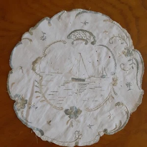 Vintage or older small round doily. Silk thread ship scene. - Picture 1 of 6