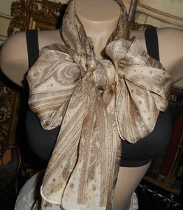 XL Silky Scarf Super Soft & Poufy Huge Pussy Bow Beige Paisley - Picture 1 of 3