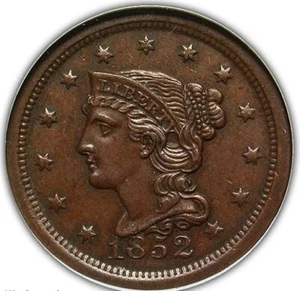 1852 BRAIDED HAIR LARGE CENT NGC MS 62  BROWN, SMOOTH MARK FREE AND FULLY STRUCK - Picture 1 of 12