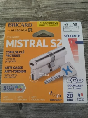 Cylindre BRICARD Mistral s2 débrayable L.40 + 40mm 5 clés ORIGINAL. - Photo 1/2