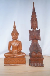Hand Carved Wooden Buddha Statue & Thai Praying Figure Vintage Tribal Carving De - Bild 1 von 6