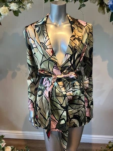 TED BAKER Blazer Jacket TB 2 UK 10 Black Green Mirror Printed Belted Satin NEW - Picture 1 of 24