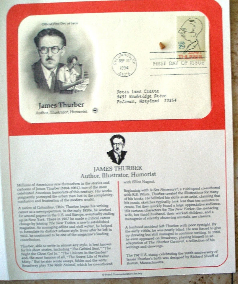 Postal Society First Day Cover FDC stamp # 2862 29 cent JAMES THURBER - Image 1 of 1