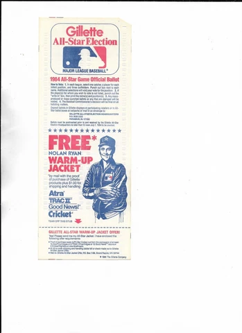 1984 Gillette All-Star Election Ballott Nolan Ryan on Reverse Cover