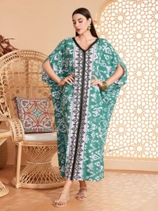 Dubai Women Muslim Batwing Sleeve Maxi Dress Loose Printed Evening Kaftan Gown - Bild 1 von 14