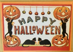 Tarjeta de felicitación estilo retro tarjeta de Halloween de Hallmark Black Cats & Jack-O-Lanterns - Imagen 1 de 4