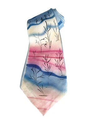 Pinturas a mano California vintage años 40 50 corbata de seda azul rosa árboles abstractos Foto 1 de 4