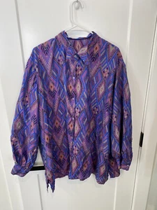 flippige Print 80er Seidenbluse Fun Sleeve Kragen Pop Art Southwest Lila 2X Wild - Bild 1 von 3