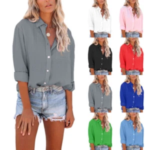 Langarm Button-Down-Shirts Damen lässig Baggy Tasche Tops Bluse T-Shirt - Bild 1 von 53