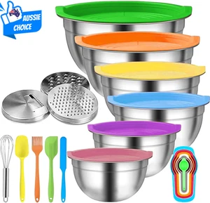 Stainless Steel Mixing Bowl Set with Lids Grater Attachments Colorful Kitchen - Picture 1 of 9