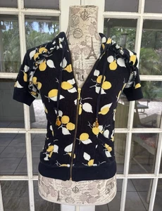Y2K Juicy Couture Small Short Sleeve Lemon Terry Hoodie Navy Blue Ruffles - Picture 1 of 10