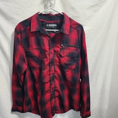 Máquina de tinta roja y negra franela a cuadros bolsillo con cremallera manga larga XL Foto 1 de 4