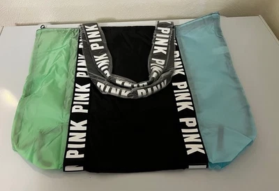 New Victoria’s Secret PINK Lightweight Colorblock Tote Bag Blue Green Nylon Book - Image 1 of 4