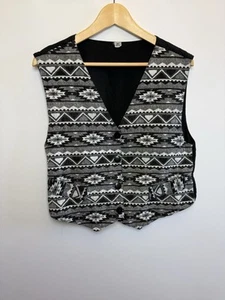 Men’s Size Medium Aztec Print Black White Waistcoat Viscose - Picture 1 of 11