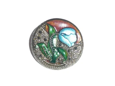 Pretty Antique Reproduction Metal Blue Tulip Shank Button 1-1/4" Flower Button - Image 1 of 4