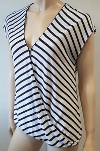 RAG & BONE JEAN White Navy Stripe Modal & Linen V Neck Short Sleeve Casual Top M - Picture 1 of 9