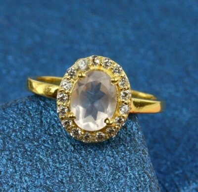 Natural Rose Quartz Ring Halo Dainty Stackable 18k Gold Plated Silver Delicate - Image 1 of 4